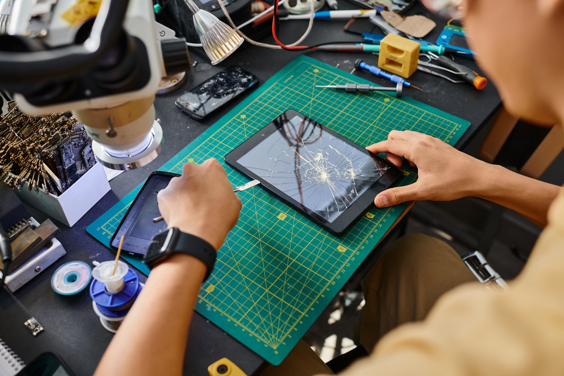 Handsome man repairing tablet at service center surrounded by tools and equipment